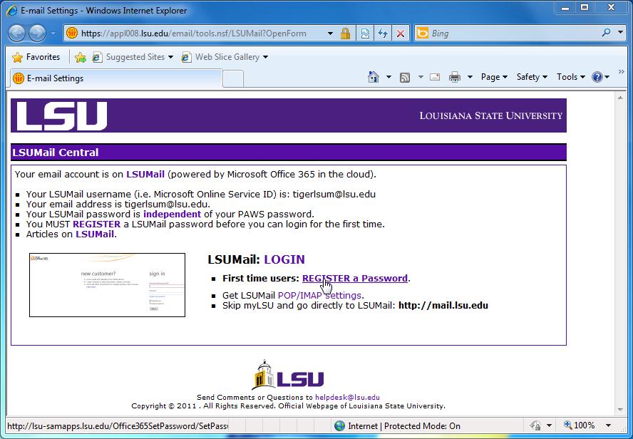 screenshot of LSUMail, getting started by registering. Register highlighted.