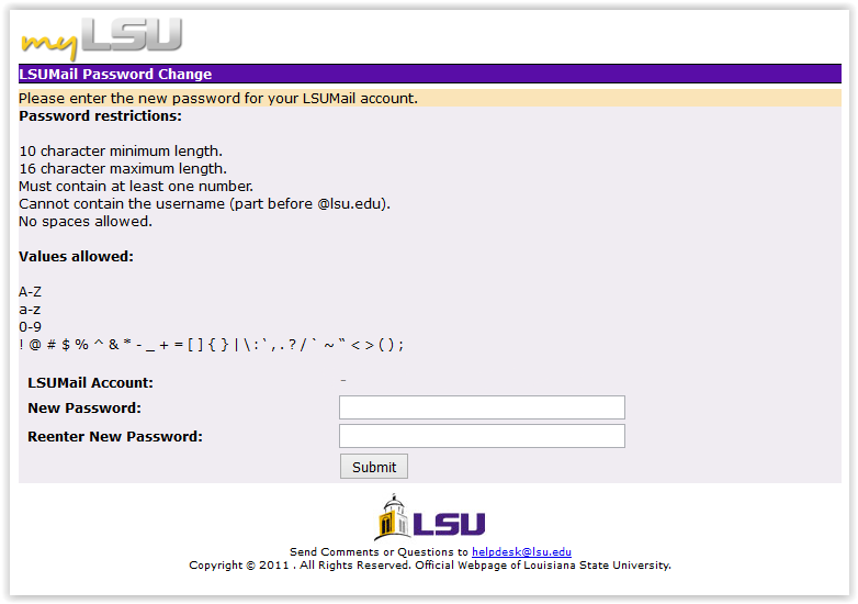 the password change screen